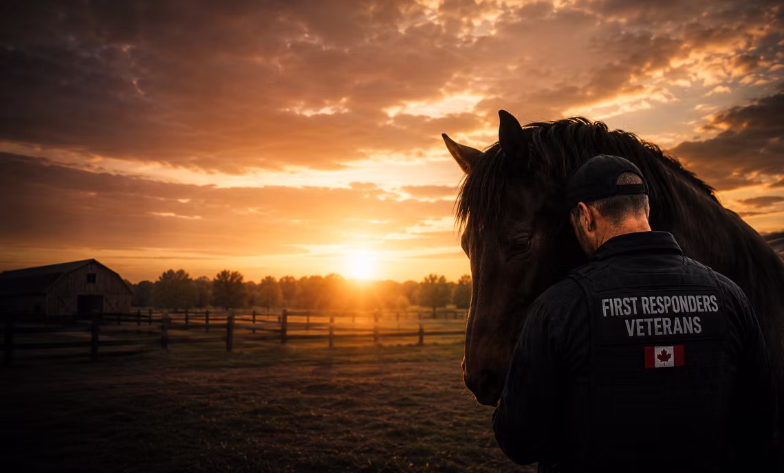 A first responder rests his head against a horse at sunset