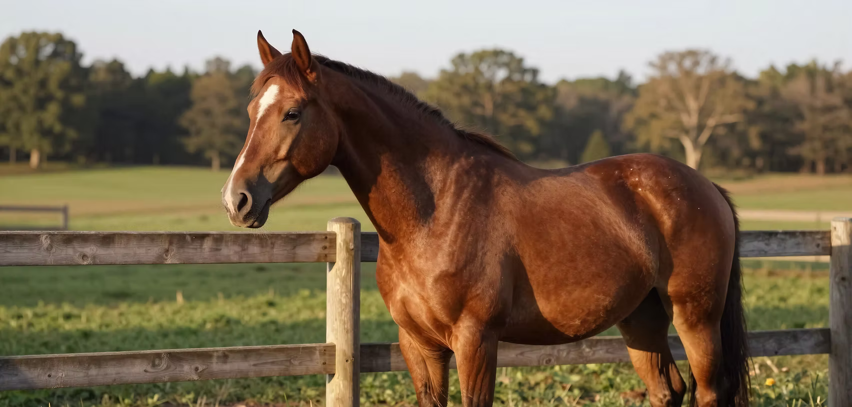 A horse standing at a wooden paddock fence